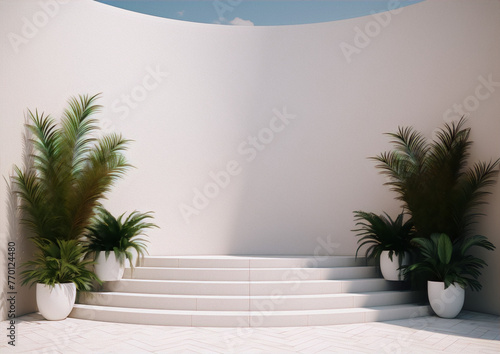 3D rendering of a curved staircase with potted plants on each side in a minimalist style with a bright and airy feel