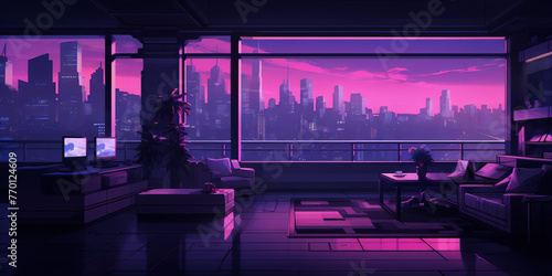 A digital painting of a living room with a large window looking out over a city at night. The room is decorated in a modern style with purple and blue colors and has a retro futurism art movement.