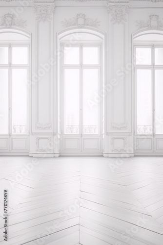 ornate white interior with herringbone parquet floor in rococo style