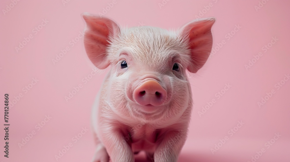 A cute piggy portrait on a pastel pink background A cute piggy portrait on a pastel pink background
