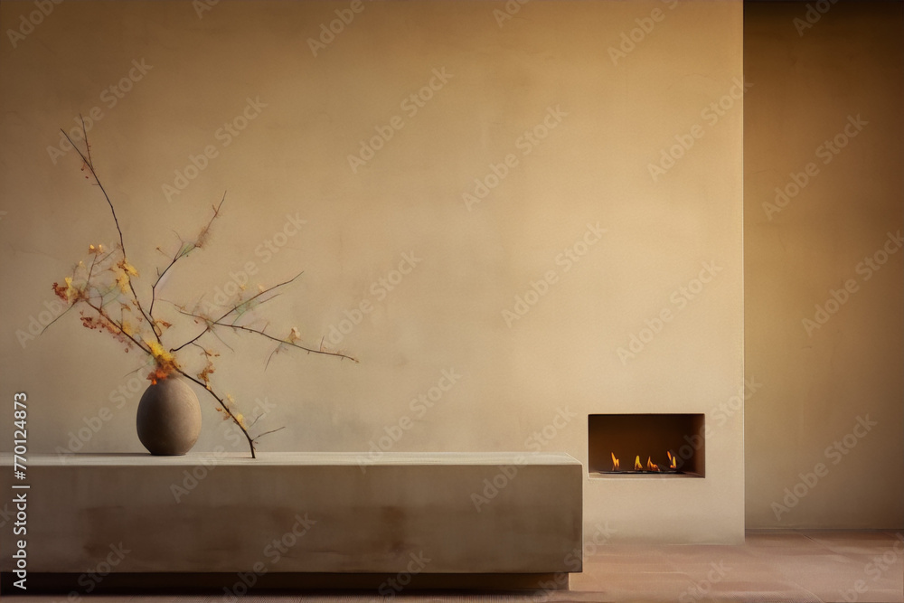 An image of a minimalist interior space with a vase of flowers on a bench in front of a fireplace. An image of a minimalist interior space with a vase of flowers on a bench in front of a fireplace.