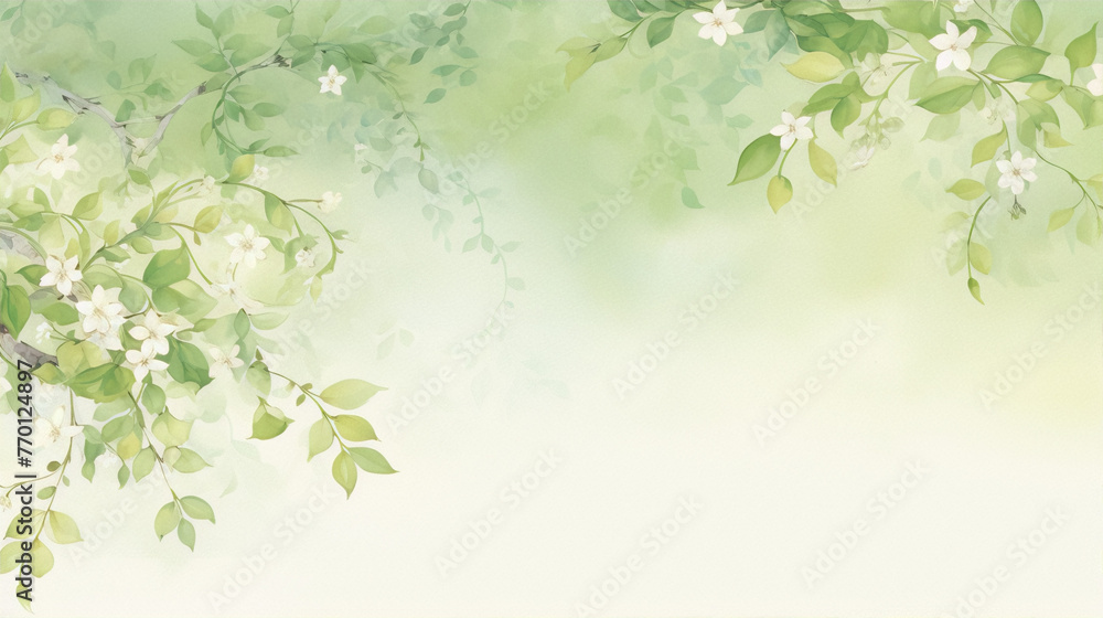 Delicate watercolor painting of a spring garden with white jasmine flowers and lush green leaves on a pale green background in a realistic style.