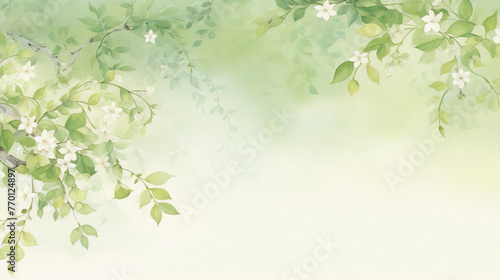 Delicate watercolor painting of a spring garden with white jasmine flowers and lush green leaves on a pale green background in a realistic style.