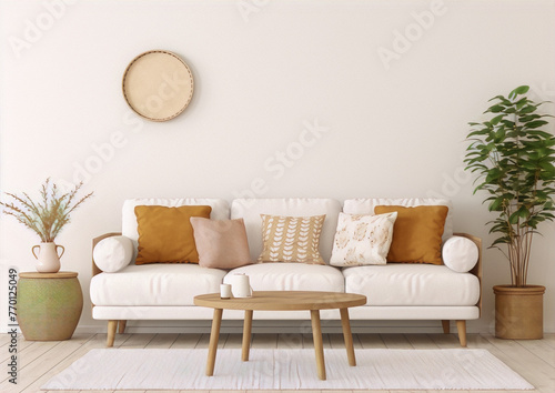 Scandinavian living room interior with white sofa, coffee table, rug, plant, and boho accessories in neutral colors