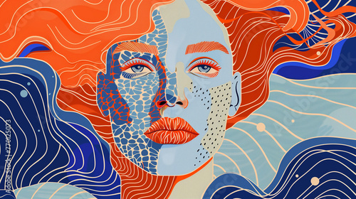 A portrait of a woman with an abstract design. The woman's face is divided into two contrasting color schemes with orange-red and blue hues