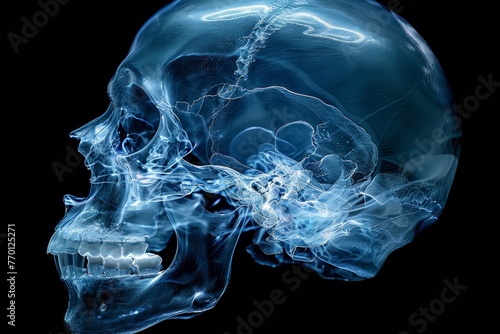 Vivid x-ray of human skull in blue hues against black © Oleksandr