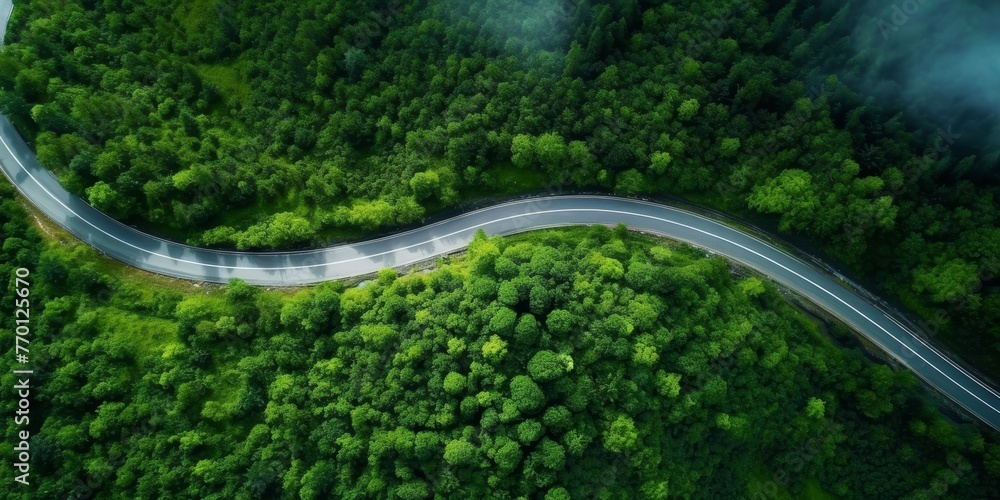 highway in the middle of the forest, bird's eye view Generative AI - obrazy, fototapety, plakaty 