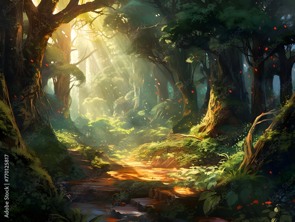 Digital painting of a fantasy forest with a river in the foreground.