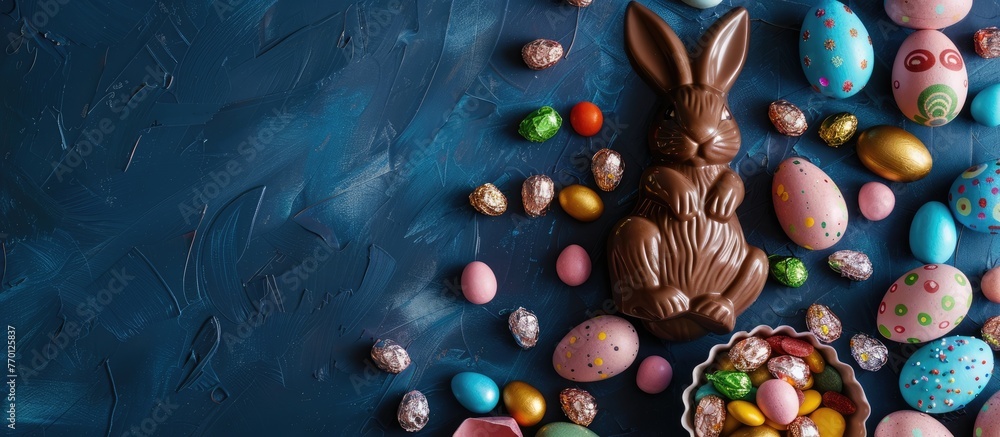 Chocolate Easter eggs, bunny, and candy displayed against a dark blue backdrop