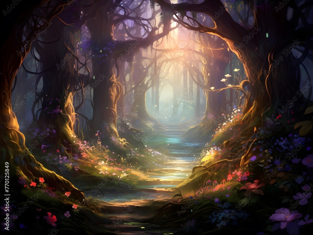 Mystical forest with fog. 3d illustration. Halloween concept