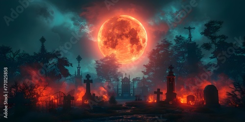 Creating a Spooky Halloween Scene with Moon  Pumpkins  Trees  Graveyard  Ghosts  and Eerie Atmosphere. Concept Halloween Scene  Spooky Decor  Moonlit Setting  Ghostly Vibes  Creepy Elements