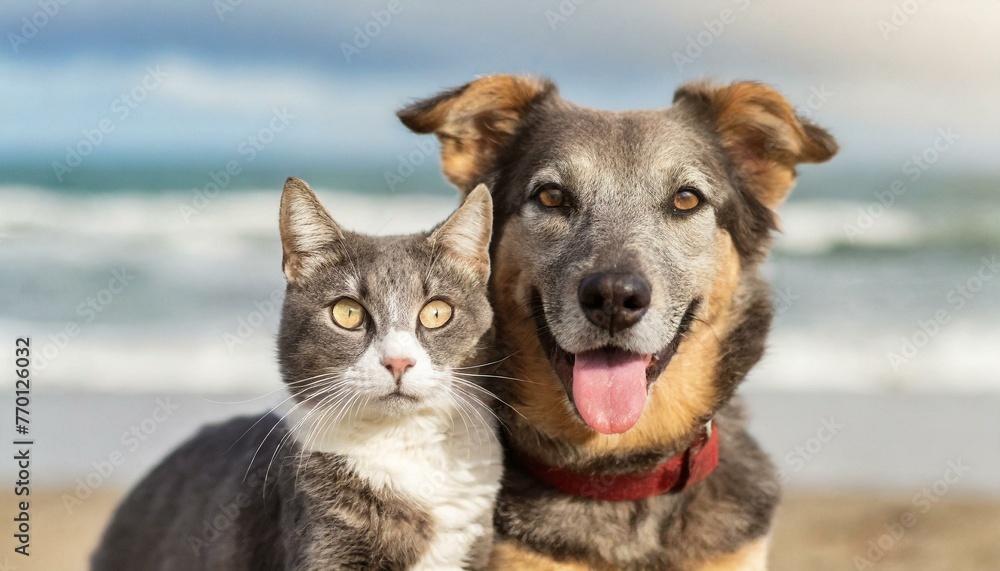 Fototapeta premium Dog taking selfie with his cat friend at the beach 