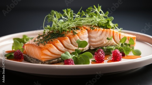 Fresh palatable snack of salmon fillet with vivid vinous herbs on round ceramic photo