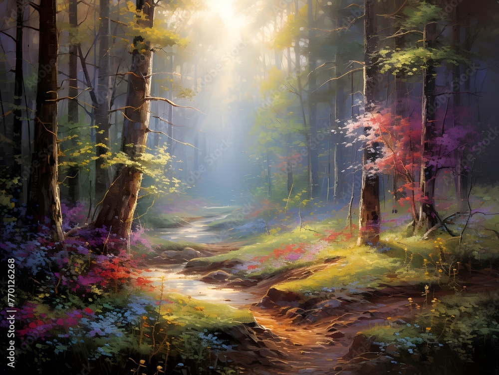 Digital painting of a colorful forest in autumn with sunbeams.
