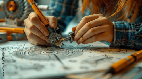 Detailed close-up of a student's hands sketching a precise engineering design, showcasing the creativity and attention to detail in STEM education.