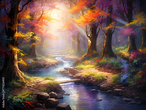 Autumn forest and river in the morning. Panoramic image.