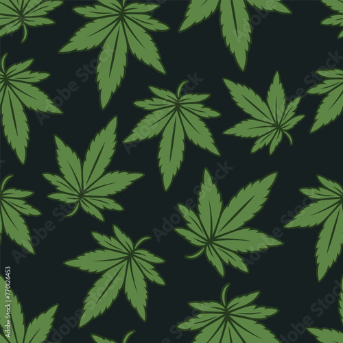 Vector Seamless Pattern with Flat Cannabis Leaves. Hemp, Cannabis Green Leaf on a Black Background. Seamless Print with Medical Marijuana. Vector Illustration