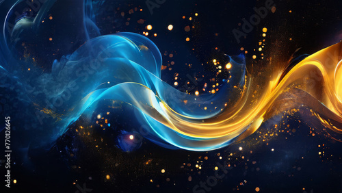 abstract background with dark blue and yellow particles, featuring dynamic swirls and bursts of color against a dark backdrop photo