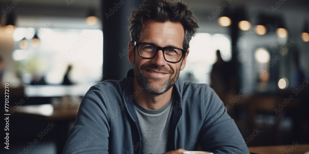 Pleasant young man with glasses Generative AI - obrazy, fototapety, plakaty 