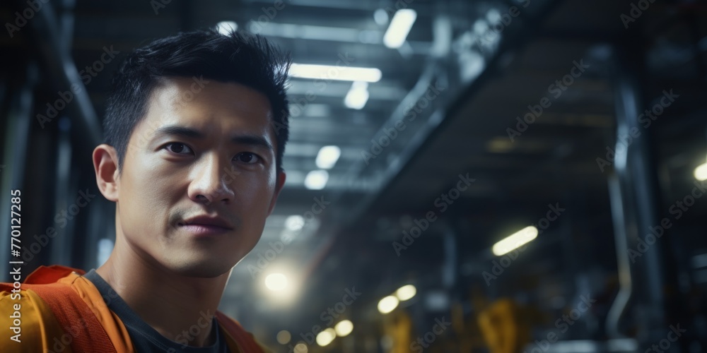 Asian man at the factory Generative AI - obrazy, fototapety, plakaty 
