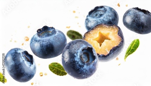 Blueberries slices flying isolated on a white background.