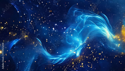 abstract background with dark blue and yellow particles, featuring dynamic swirls and bursts of color against a dark backdrop