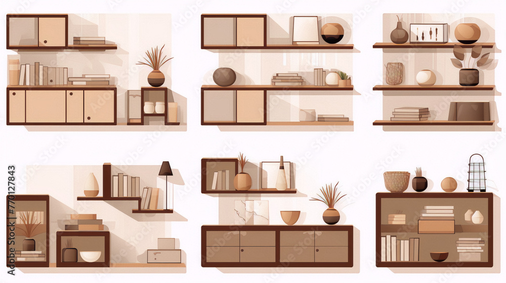 A set of 6 mid-century modern style interior wall shelves with books, vases, plants, and other decorative objects in warm colors. A set of 6 mid-century modern style interior wall shelves with books, vases, plants, and other decorative objects in warm colors.