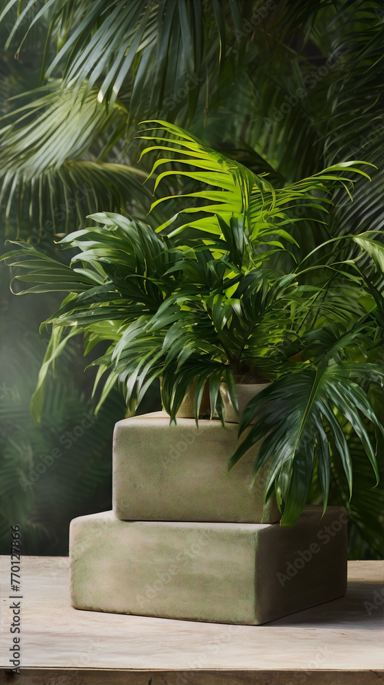 Fototapeta premium Still life photography of a lush green palm tree in front of a tropical jungle background with a concrete podium.