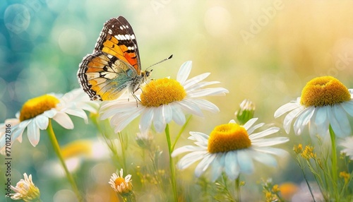 Beautiful wild flowers chamomile with butterfly on sunny spring meadow  close-up macro. Landscape wide format  copy space. Delightful pastoral airy artistic image.