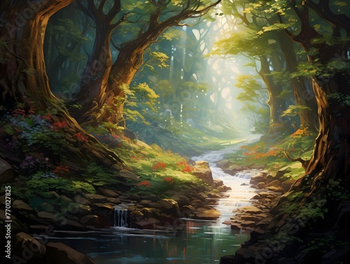 Digital painting of a river flowing through a forest with a waterfall in the background © Iman
