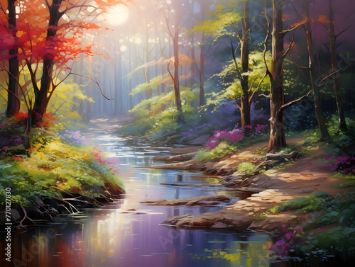 Beautiful autumn forest with a river and colorful trees in the background