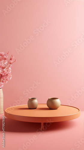 Still life photography of two ceramic pots on a table with a pink background and a pink cherry blossom tree in the corner. photo