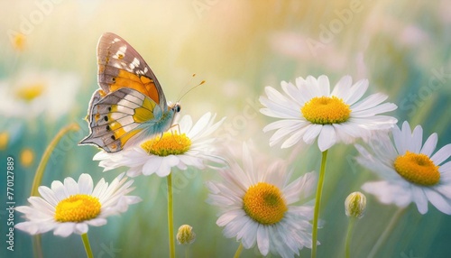 Beautiful wild flowers chamomile with butterfly on sunny spring meadow, close-up macro. Landscape wide format, copy space. Delightful pastoral airy artistic image. © adobedesigner