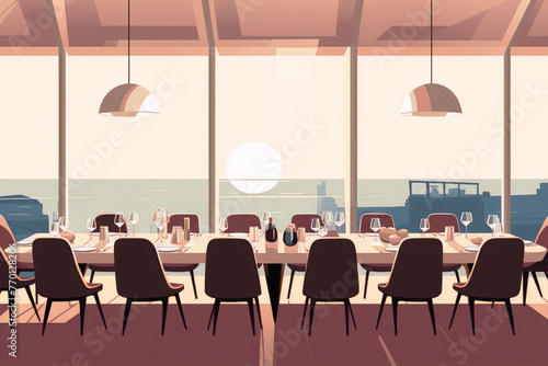 A minimalist illustration of a long table set for a dinner party with a view of the ocean at sunset in warm colors. photo