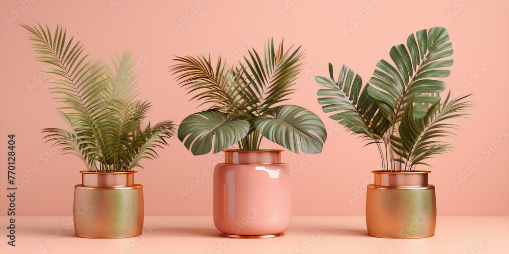 Fototapeta premium Pink background with three different plants in golden pots, interior design, 3D rendering