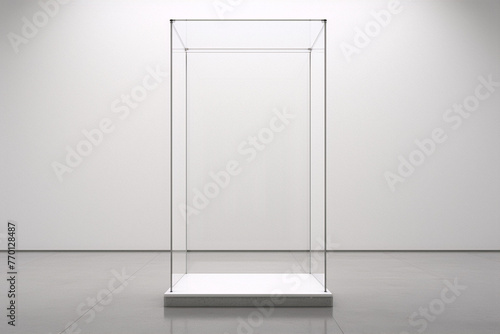 3D rendering of an empty glass display case in a modern minimal gallery with a white background photo