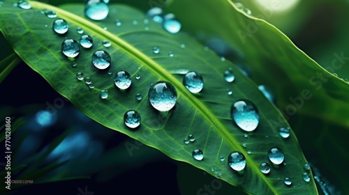 Large beautiful drops of transparent rain water on a green leaf macro