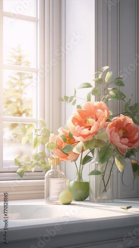 Still life of pink peonies in a glass vase by the window in the morning light  3D rendering.