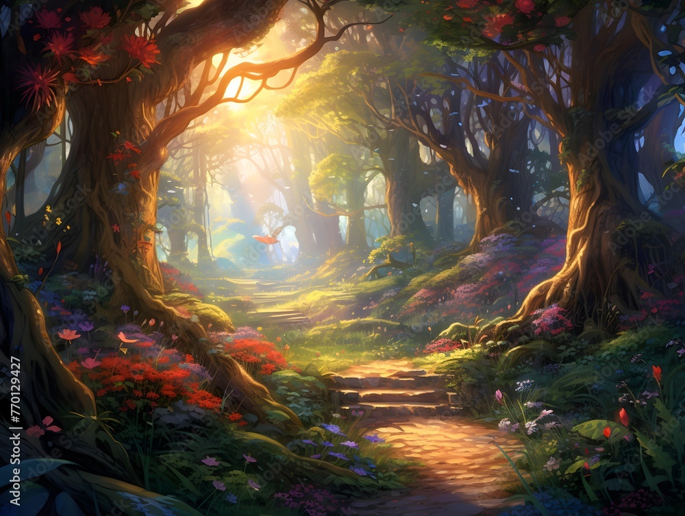 Digital painting of a magical fantasy forest with a path in the middle