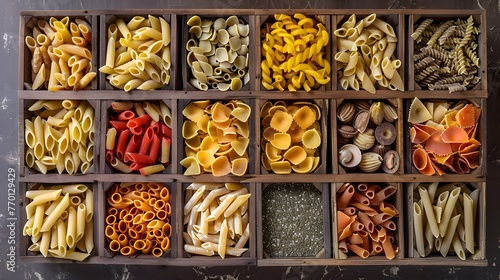 Pasta assorted. Set of different types of paste in the cells of a wooden box. photo