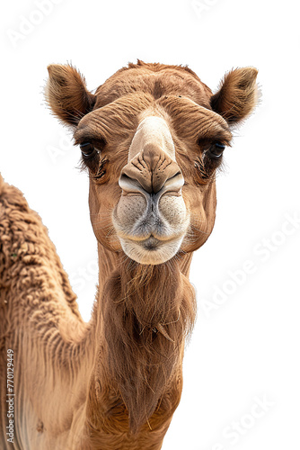 close up view of arabian camel head looking straight to the camera isolated on white background. zoom view of camel face. © thebaikers
