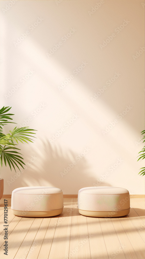 3D rendering of two beige podiums in a beige room with sunlight and shadows on the wall and floor, with two potted palm trees on the left side 3D rendering of two beige podiums in a beige room with sunlight and shadows on the wall and floor, with two potted palm trees on the left side