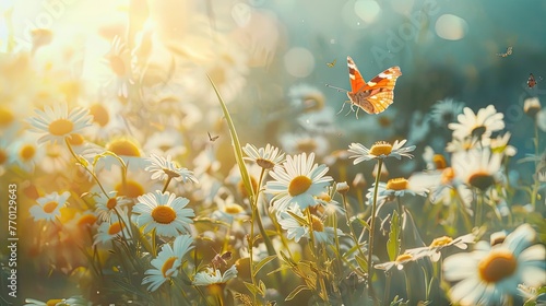 Sunlit field of daisies with fluttering butterflies. Chamomile flowers on a summer meadow in nature, panoramic landscape. © Suzy