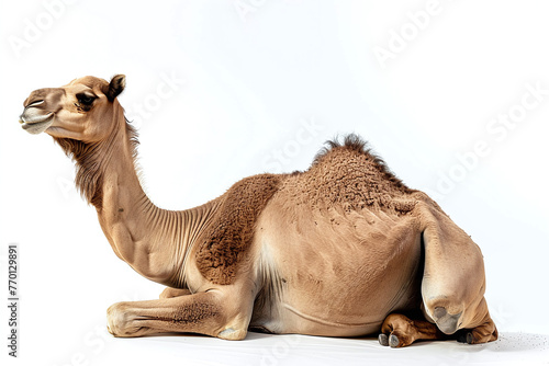 Arabian camel resting or sitting on the ground isolated on white background. side view photograph, full body shot.