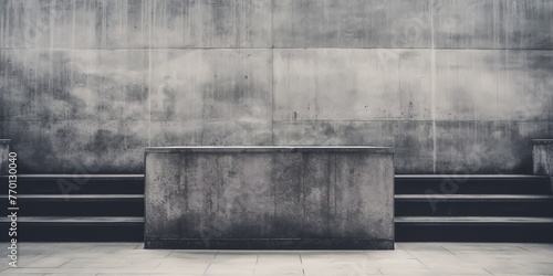 Black and white concrete minimal architectural composition with two benches and a podium in the center. photo