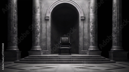 3D rendering of a dark and empty throne room with a single throne on a raised platform in the center