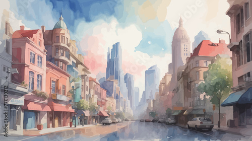 水彩で描いた都会の街並みのイラスト Generative AI