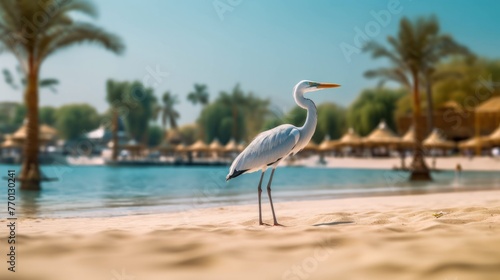 Beautiful white heron stands on golden beach with palm trees © KRIS