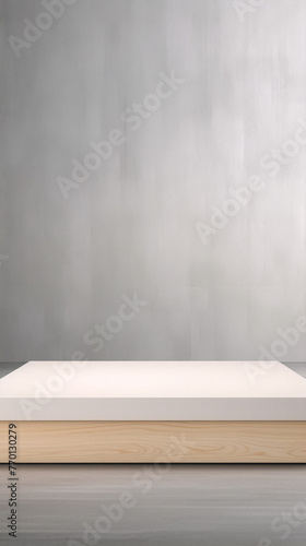 3D rendering of an empty wooden podium on a gray background in a minimalist style
