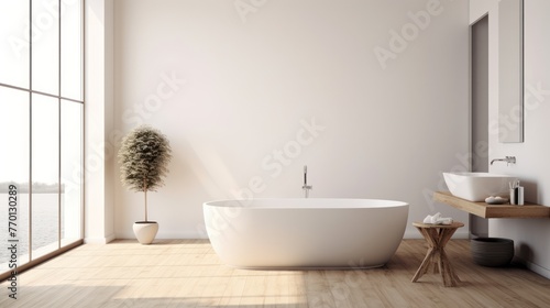 Blank white bathroom with wooden floors